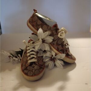 🆕👟Coach Suzzy Logo Jacquard Tan and Orange Sneakers